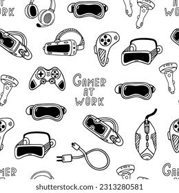 Modern gaming gadgets seamless vector pattern. VR AR headset, joystick, headphones, move controller, computer mouse. Device for video games, gamer at work. Black and white background for prints, web