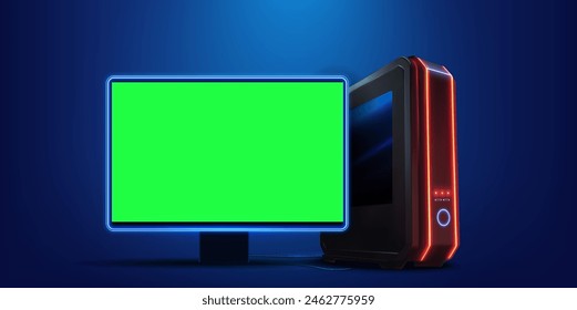 Modern Gaming PC Setup with Green Screen Monitor on Neon Background. The screen is blank, ready for custom content, ideal for gaming, streaming, or tech-related projects. Vector illustration
