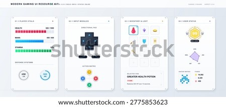 Modern gaming UI resource kit with player vitals bars, directional controls, inventory grid, status badge, stats chart and clean panels
