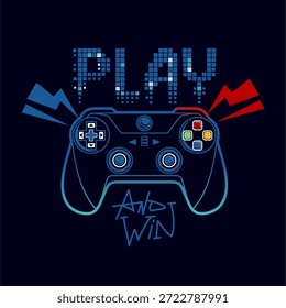 Moderne Gaming-Vektorgrafik mit einem Gamecontroller mit "Play and Win"-Typografie. Hochwertiges skalierbares Vektordesign, perfekt für Gamer-T-Shirts, esports Branding, Poster, Streaming-Bilder und digitale Werbeartikel.