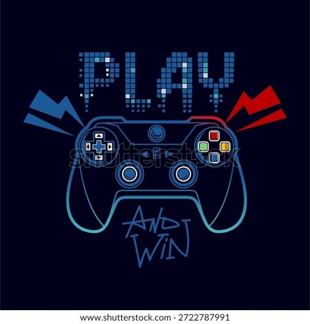 Modern gaming vector illustration featuring a game controller with “Play and Win” typography. High-quality scalable vector design perfect for gamer t-shirts, esports branding, posters, streaming visuals, and digital merchandise.