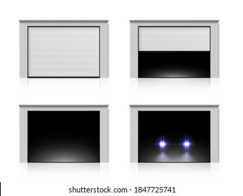 Modern garage house door set. Realistic entrance gate to room, home, parking space. Closed, opening, open front automatic door vector illustration. Car with lights inside.