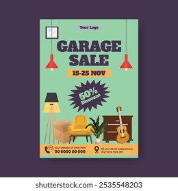 Venda de garagem moderna e venda de Jarda imprimir folheto ou modelo de cartaz, folheto de mercado de pulgas, móveis desenhados à mão, elementos interiores, vintage, fundo de ilustração estilo retro,
Conceito de layout de venda de garagem