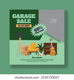 Venda de garagem moderna e venda de Jarda modelo de postagem de mídia social, post de mercado de pulgas, móveis desenhados à mão, elementos interiores, vintage, fundo de ilustração estilo retro,
Banner web de venda de garagem