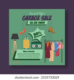 Venda de garagem moderna e venda de Jarda modelo de postagem de mídia social, post de mercado de pulgas, móveis desenhados à mão, elementos interiores, vintage, fundo de ilustração estilo retro,
Banner web de venda de garagem