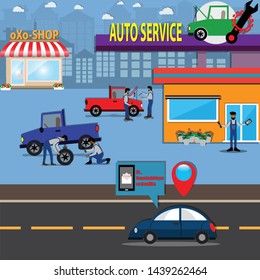 Modern garage use AI for send email to customer when come near garage – Vector Illustration