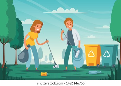 Modern garbage collection waste sorting flat composition with volunteers picking up litter junk left outdoor vector illustration 