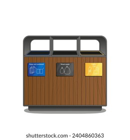 A modern garbage station with separate waste collection. Three dumpsters for paper and cardboard, mixed waste and plastic. Vector illustration on a white background.
