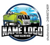 Modern garbage truck illustration. Illustration vector graphic of junk removal solution services logo design template. Junk truck logo design