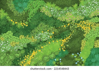 Modern garden design with flowers. Top view. Spring meadow with different flowers. View from above. 