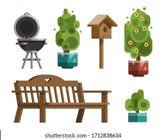Modern garden design furniture set. Sunshade umbrella and different types of tables and chairs. BBQ grill, garden lantern and decorative trees. Flat style vector isolated on white background.