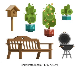 Modern garden design furniture set. Sunshade umbrella and different types of tables and chairs. BBQ grill, garden lantern and decorative trees. Flat style vector isolated on white background.