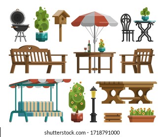 Mobiliario moderno de diseño de jardín. Paraguas con sombrillas y diferentes tipos de mesas y sillas. Parrilla barbacoa, linterna de jardín y árboles decorativos. Vector plano aislado en fondo blanco.