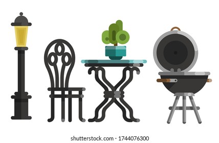 Modern garden design furniture set. Sunshade umbrella and different types of tables and chairs. BBQ grill, garden lantern and decorative trees. Flat style vector isolated on white background.