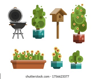 Modern garden design furniture set. Sunshade umbrella and different types of tables and chairs. BBQ grill, garden lantern and decorative trees. Flat style vector isolated on white background.