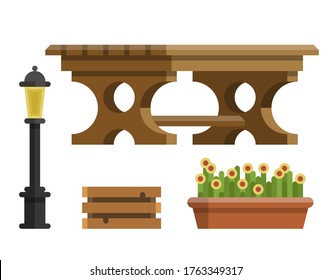 Modern garden design furniture set. Sunshade umbrella and different types of tables and chairs. BBQ grill, garden lantern and decorative trees. Flat style vector isolated on white background.