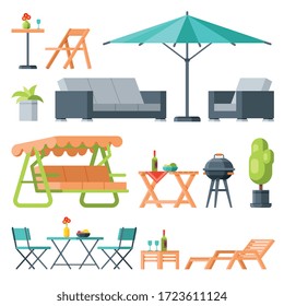 Colección moderna de muebles de jardín, mesa, paraguas de sombra, banco de ala, salón, parrillada barbacoa Vector plano Ilustración