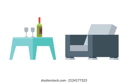 Modern Garden Table with Wine Bottle and Armchair Vector Set