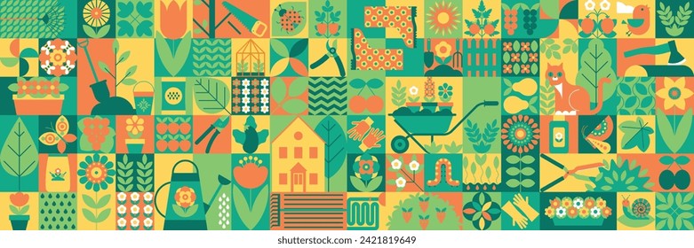 Modern gardening banner with symbols of plants and accessories. Bright spring background with nature elements, animals and gardening tools. Pattern, texture for paper, packaging. Advertising, sale