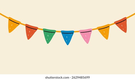 Modern garland of colorful multicolored bright triangle flags drawn with flat brush on a light background; festive background, simple hand drawn illustration, flat style