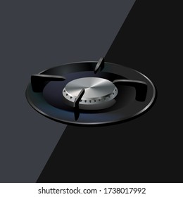 Modern gas burner, black steel grate. Kitchen off gas burner. Realistic burner propane butane oven element for cooking isolated on black ceramic background. 3d kitchen appliance. Vector illustration.