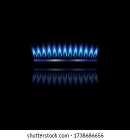 Modern gas burner with blue flame and reflection. Front view gas burner ring. Realistic burner propane butane oven element for web interior design isolated on black background. Vector illustration.