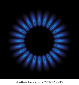 Modern gas burner with blue flame isolated on black background. top view gas burner ring. Realistic burner propane butane oven element. Vector illustration EPS 10.