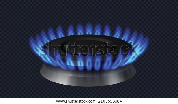 Modern gas burner with blue\
flame isolated on dark transparent background. Front view gas\
burner ring. Realistic burner propane butane oven element. Vector\
illustration