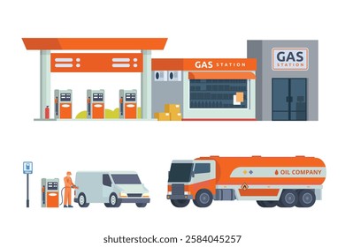 Modern Gas Station Building with Shop Vector Illustration, complete with set of support elements.