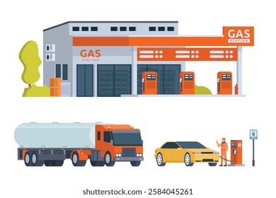 Modern Gas Station Building with Shop Vector Illustration, complete with set of support elements.