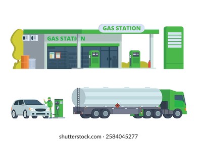 Modern Gas Station Building with Shop Vector Illustration, complete with set of support elements.