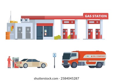 Modern Gas Station Building with Shop Vector Illustration, complete with set of support elements.
