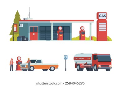 Modern Gas Station Building with Shop Vector Illustration, complete with set of support elements.