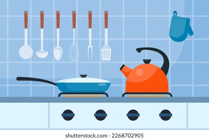 Modern gas stove, frying pan and kettle on it on flame. Home kitchen stove. Preparing food, cooking. Vector illustration in flat style