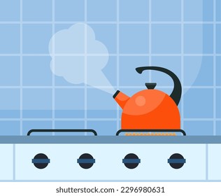 Modern gas stove and kettle on it on flame. Home kitchen stove. Preparing food, cooking. Vector illustration in flat style