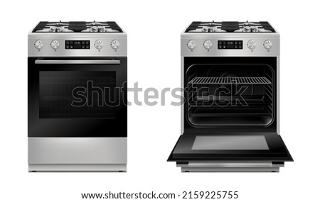 Modern gas stove, multi function stove with touch menu and timer in two views, with open and close door with light. Realistic 3d Vector illustration isolated on white background