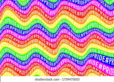 Modern gay pride background with social media hashtag in graphic multi-color striped rainbow wave pattern