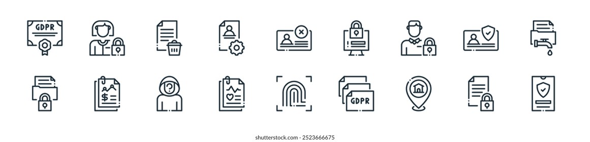 modern gdpr icon pack. perfect for linear ui designs featuring vector smartphone, privacy policy, address location, statement, biometric, medical report, anonymous and more icons for mobile and web