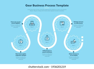 Modern gear business process template with 5 steps - blue version. Easy to use for your website or presentation.