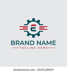 Design de logotipo de engrenagem moderno 'E' elegante inicial com linhas de velocidade