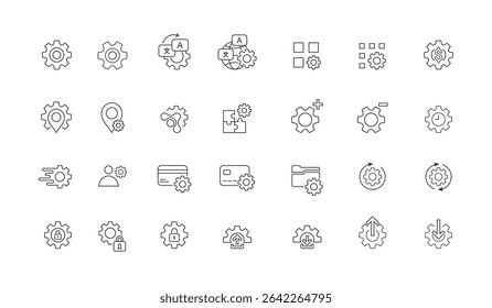 Colección moderna del icono del engranaje y de las Configuraciones con el estilo del contorno para UI UX, interfaz de Web, desarrollo del App, seguridad, lenguaje global, carpeta, tarjeta de crédito, Cargar y configuración de la Descarga