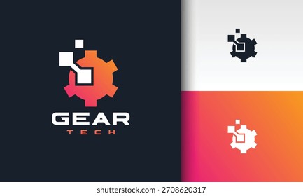 Logotipo moderno de la tecnología del engranaje con los Elementos digitales del pixel