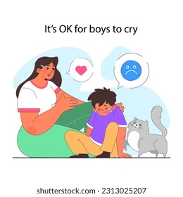 Modern gender neutral parenting. Positive advice for parents to raise a girl and boy equally. Little boy nurturing without gender-focused stereotype about expressing emotions. Flat vector illustration