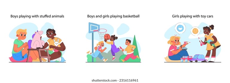 Modern gender neutral parenting set. Positive advice for parents to raise a girl and boy equally. Little children nurturing without gender-focused stereotype. Flat vector illustration