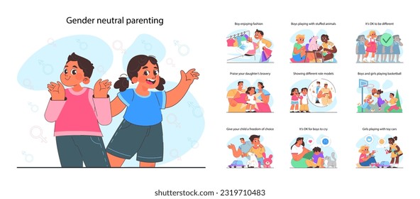 Conjunto moderno de orientación parental neutra en función del género. Asesoramiento positivo para que los padres crien a una niña y a un niño por igual. Niños pequeños que se alimentan sin un estereotipo centrado en el género. Ilustración vectorial plana