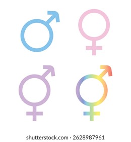 Conjunto de Vectores de símbolos de género moderno: íconos del orgullo masculino, femenino, transgénero y LGBTQ en Colores pastel y arcoíris