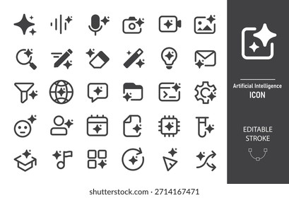 Modernes generatives KI-Icon-Set. Generieren Sie Symbole mit Funkeln. Icon-Element der künstlichen Intelligenz für UI-Design, Website und Apps. Vektorgrafik. Bearbeitbarer Strich.