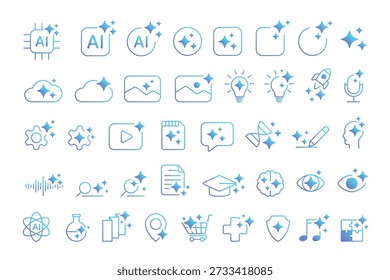Modern generative AI icon set featuring music, image, magic, sparkle stars, and technology elements in a cold gradient style, isolated on white background vector illustration