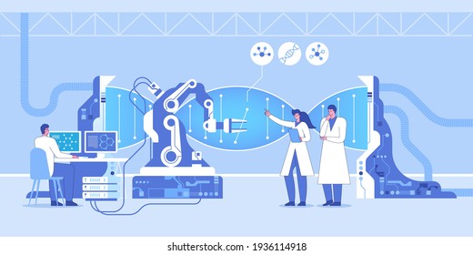 Modern genetic research laboratory interior with robotic technology. Team of scientists decode genome, edit and modify DNA using robot hands, data computer monitoring. Vector character illustration