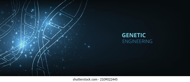  Antecedentes genéticos modernos. Ilustración de la innovación en forma de una doble hélice de ADN sobre fondo azul oscuro. Concepto de ciencia y tecnología. Ilustración vectorial.